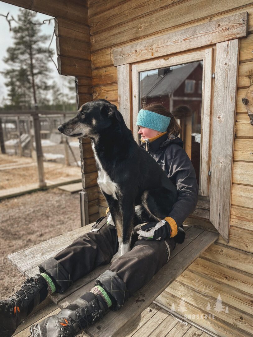A musher sitting in a cabin doorway with a black and white sled dog leaning against them